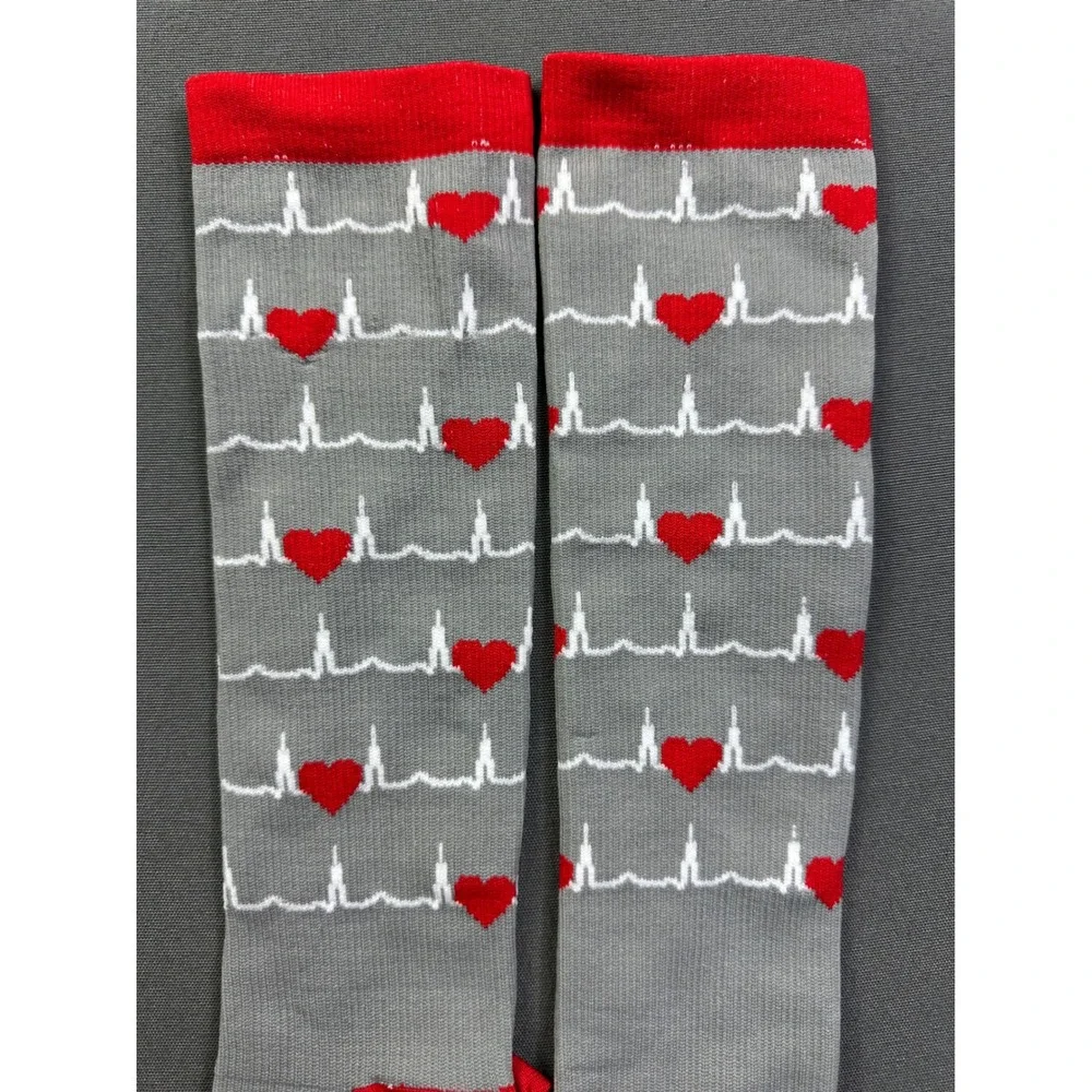 2 pairs Grey Heartbeat EKG Compression Socks Red Hearts Knee High USA Size SM/MD